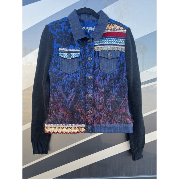 Vintage 90s Desigual sequin embroidered sweater jacket glam sz 38(M) denim - Picture 1 of 12